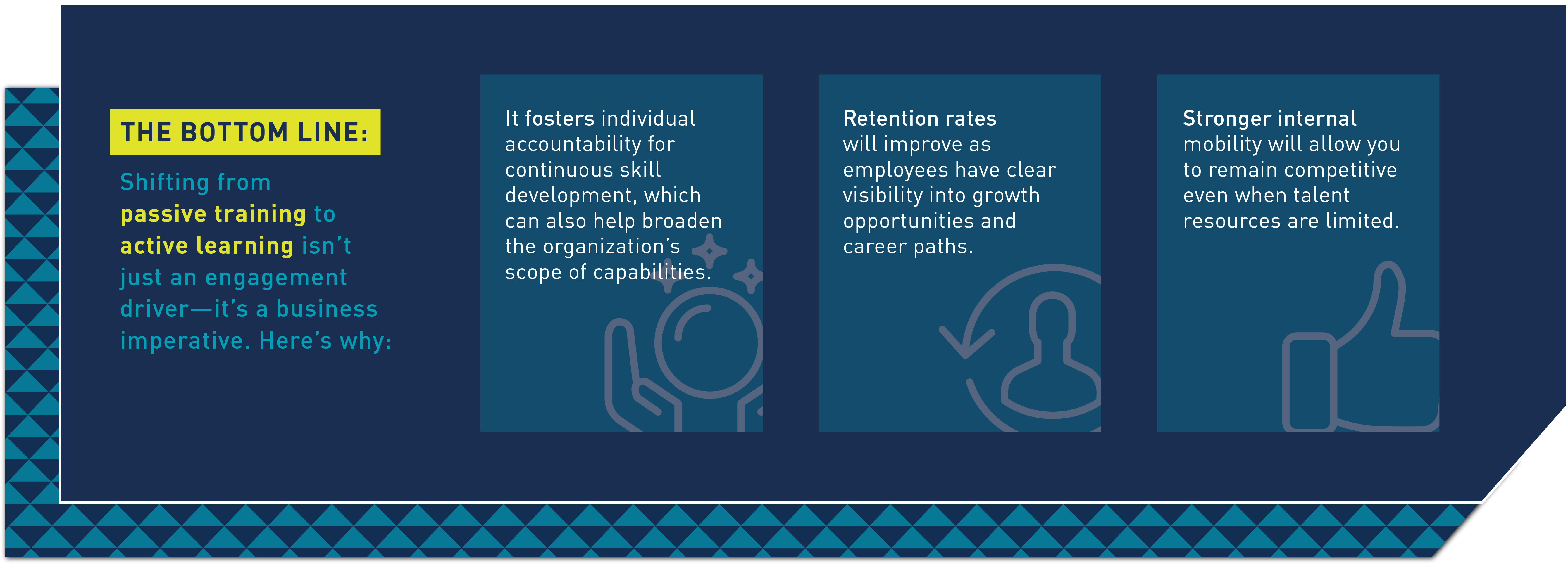 The Bottom Line: Shifting from passive training to active learning isn’t just an engagement driver—it’s a business imperative. Here’s why: It fosters individual accountability for continuous skill development, which can also help broaden the organization’s scope of capabilities. Retention rates will improve as employees have clear visibility into growth opportunities and career paths. Stronger internal mobility will allow you to remain competitive even when talent resources are limited.