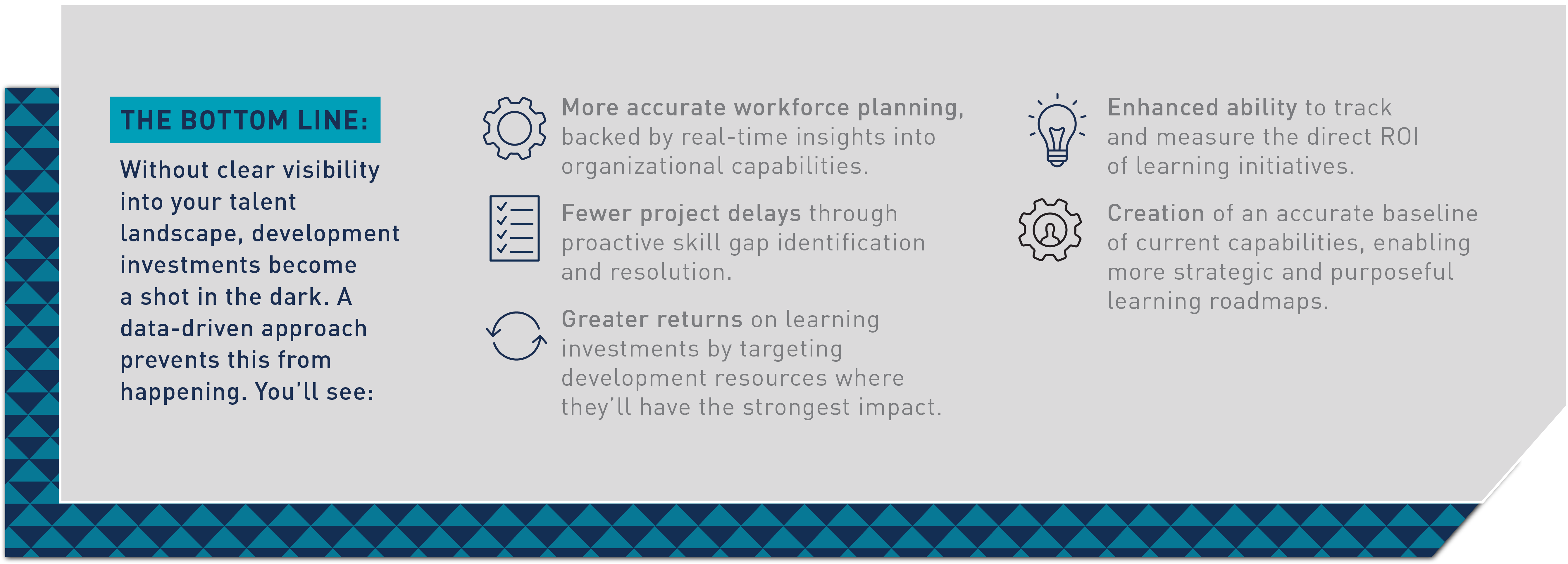 The Bottom Line: Without clear visibility into your talent landscape, development investments become a shot in the dark. A data-driven approach prevents this from happening. You’ll see: More accurate workforce planning, backed by real-time insights into organizational capabilities. Reduced project delays by proactively identifying and addressing critical skill gaps rather than being forced to play catch up. Greater returns on learning investments by targeting development resources where they’ll have the strongest impact. Enhanced ability to track and measure the direct ROI of learning initiatives. Creation of an accurate baseline of current capabilities, enabling more strategic and purposeful learning roadmaps.